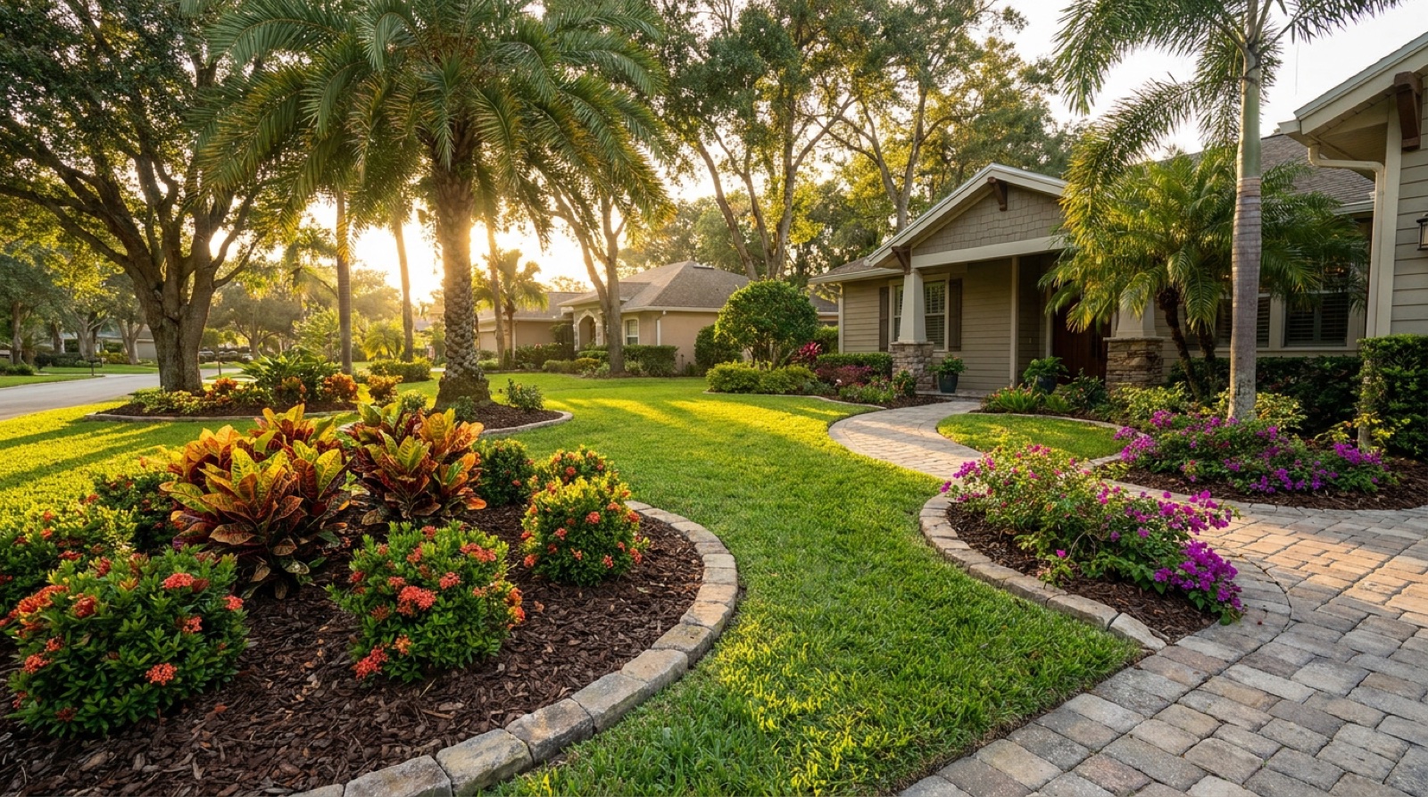 Designed front-yard landscape with beds and plants