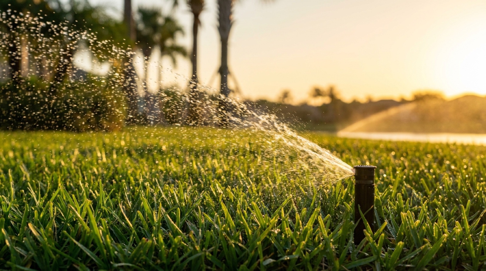 Irrigation sprinkler watering a green lawn