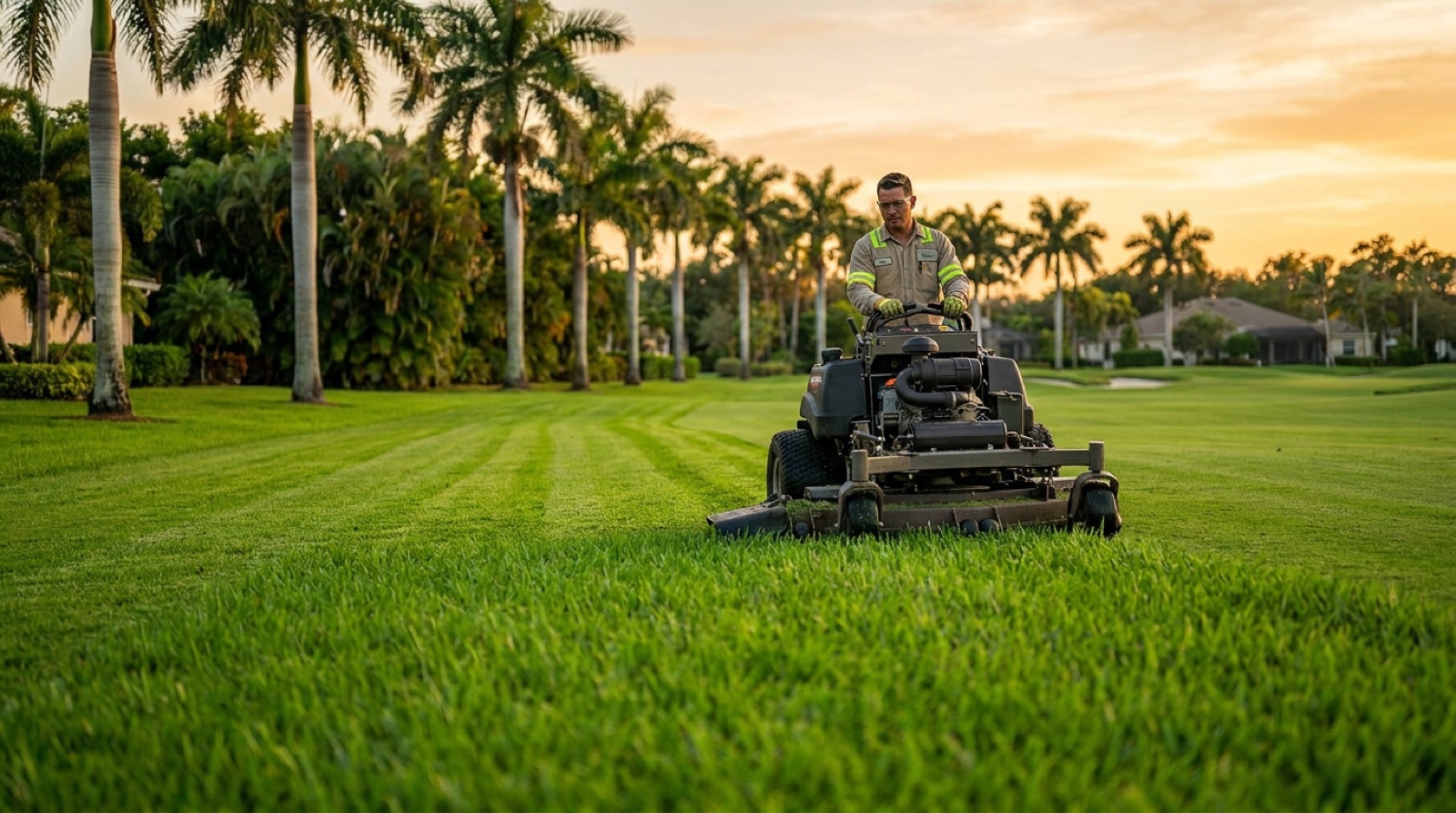 Crew mowing and edging a residential lawn